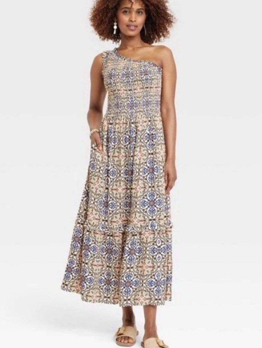 Knox Rose One Shoulder Geometric Tile Print Midi Dress Medium Women's